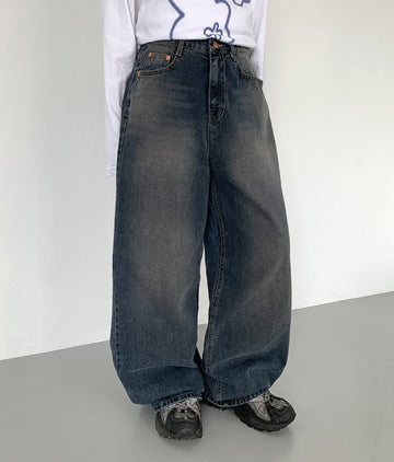 Elku Snap Button Washing Wide Denim Pants